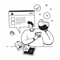 Social media manager relaxing with a cup of coffee and a tablet concept as A social media manager relaxing with a cup of coffee and a tablet browsing social media trends highlighti Cleans Set 2 vector