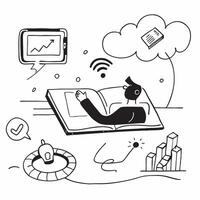 Social media specialist enjoying a relaxing afternoon tea concept as A social media specialist enjoying a relaxing afternoon tea while checking social media trends on a tablet high Cleans vector