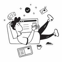 Social media manager relaxing with a cup of coffee and a tablet concept as A social media manager relaxing with a cup of coffee and a tablet browsing social media trends highlighti Cleans vector
