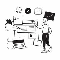 Social media manager curating content for different platforms concept as A social media manager in an office curating content for different social media platforms using a laptop hi Cleans Set 2 vector