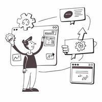 Social media manager using AI tools for content scheduling concept as A social media manager in an office using AI tools on a computer for content scheduling highlighting automatio Cleans vector