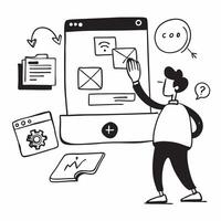 Social media manager curating content for different platforms concept as A social media manager in an office curating content for different social media platforms using a laptop hi Cleans vector