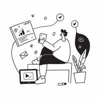 Social media manager enjoying a quiet evening with a tablet concept as A social media manager enjoying a quiet evening at home with a tablet browsing social media updates highlight Cleans vector
