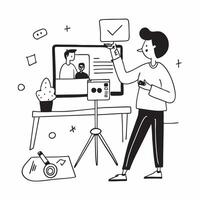 Social media manager conducting a live stream event concept as A social media manager in a modern office conducting a live stream event using a smartphone and tripod highlighting r Cleans vector