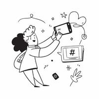 Social Media Influencer with Phone and Hashtags concept as An image of a social media influencer with a phone and hashtags set against a whimsical background offering ample space f Cleans vector