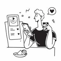 Social media consultant enjoying a leisurely breakfast concept as A social media consultant enjoying a leisurely breakfast while checking social media updates on a smartphone highl Cleans vector