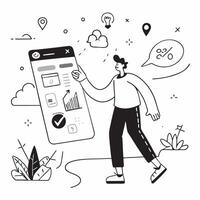 Social media analyst enjoying a relaxing walk in the park concept as A social media analyst enjoying a relaxing walk in the park while reviewing social media metrics on a smartphon Cleans vector
