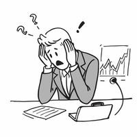 Senior executive looking at a failed investment portfolio appearing devastated concept as A senior executive in a suit looking at a failed investment portfolio on his desk appearin Cleans vector