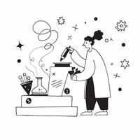 Science Student with Microscope and Lab Notebook in Fantasy Lab concept as Wide shot of a science student using a microscope and taking notes in a fantasy lab The background featu Cleans vector