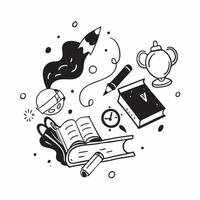 School Supplies with Books and Bell concept as A set of school supplies books and a school bell set against a whimsical background offering ample space for text or graphics symboli Cleans vector