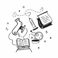 School Bus with Microscope and Science Book concept as A school bus with a microscope and a science book set against a whimsical background offering ample space for text or graphic Cleans Set 2 vector