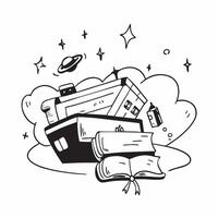 School Bus with Books and School Supplies concept as A school bus with a stack of books and various school supplies set against a dreamy background offering ample space for text or Cleans vector