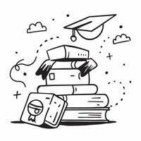 School Bus with Books and Graduation Gown concept as A school bus with a stack of books and a graduation gown set against a dreamy background offering ample space for text or graph Cleans vector