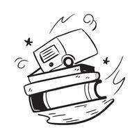 School Bus with Books and Bell concept as A school bus with a stack of books and a school bell set against a whimsical background offering ample space for text or graphics symboliz Cleans Set 2 vector
