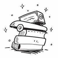 School Bus with Books and Clock concept as A school bus with a stack of books and a clock set against a whimsical background offering ample space for text or graphics symbolizing t Cleans Set 2 vector