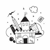 School Building and Art Supplies concept as A whimsical school building with art supplies set against a dreamy background offering ample space for text or graphics symbolizing the Cleans vector