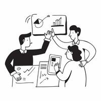 Sales team collaborating on a sales pitch concept as A illustration of a sales team collaborating on a sales pitch using laptops and charts with a 3 color scheme to highligh Cleans vector