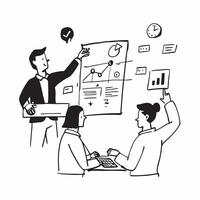 Sales team conducting a hybrid strategy session concept as A sales team conducting a hybrid strategy session with members in the office and remote locations showcasing planning and Cleans vector