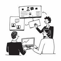 Sales team collaborating in a virtual meeting concept as A illustration of a sales team collaborating in a virtual meeting using conferencing tools with a 3 color sche Cleans vector