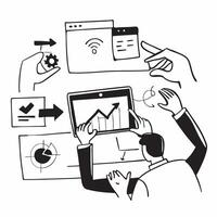 Sales team collaborating on a lead generation strategy concept as A illustration of a sales team collaborating on a lead generation strategy using laptops and digital tools Cleans vector