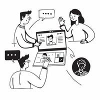 Sales team collaborating in a virtual meeting concept as A illustration of a sales team collaborating in a virtual meeting using conferencing tools with a 3 color sche Cleans Set 2 vector