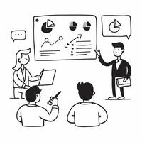 Sales manager presenting quarterly results in a hybrid meeting concept as A sales manager presenting quarterly results in a hybrid meeting with charts displayed in the office and s Cleans vector
