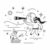 Sailor with Telescope and Compass on Magical Ship concept as Wide shot of a sailor with a telescope and compass on a magical ship The background features enchanted waves and glowi Cleans vector