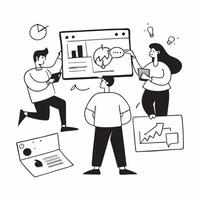 Sales team collaborating on a sales pitch concept as A illustration of a sales team collaborating on a sales pitch using laptops and charts with a 3 color scheme to highligh Cleans Set 2 vector