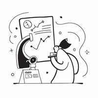 Researcher with Microscope and Data Chart concept as A researcher using a microscope and analyzing a data chart set against a whimsical background offering ample space for text or Cleans vector