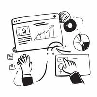 Remote team collaborating on a market research project concept as A illustration of a remote team collaborating on a market research project using conferencing and dig Cleans vector