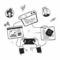Remote team collaborating on a market research project concept as A illustration of a remote team collaborating on a market research project using conferencing and dig Cleans Set 2 vector