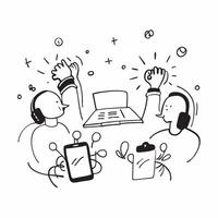 Public Relations Team with Microphones and Press Releases concept as A public relations team holding microphones and reviewing press releases set against a whimsical background off Cleans vector