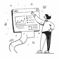 Project Manager with Screen and Graphs concept as An image of a project manager with a screen and graphs set against a dreamy background offering ample space for text or graphics s Cleans vector