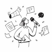 Public Relations with Microphone and Notes concept as A public relations specialist holding a microphone and notes set against a whimsical background offering ample space for text Cleans vector