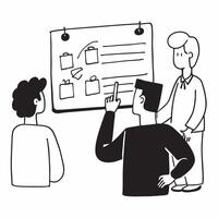 Project manager presenting a timeline in a team meeting concept as A illustration of a project manager presenting a timeline in a team meeting featuring a 3 color palette to Cleans vector