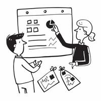 Project manager presenting progress in a team meeting concept as A illustration of a project manager presenting progress in a team meeting featuring a 3 color scheme to emph Cleans vector