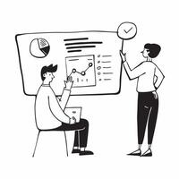 Project manager leading a status update meeting concept as A illustration of a project manager leading a status update meeting utilizing a 3 color palette to highlight clari Cleans Set 2 vector