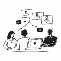 Project manager coordinating a hybrid team meeting concept as A project manager coordinating a hybrid team meeting with team members in the office and joining remotely highlighting Cleans vector