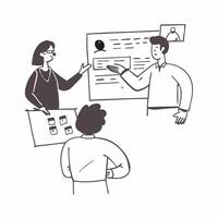 Project manager leading a hybrid meeting concept as A illustration of a project manager leading a hybrid meeting with both onsite and remote participants using a 3 color sch Cleans Set 2 vector