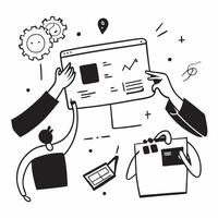 Product team collaborating on new features concept as A illustration of a product team collaborating on new features using laptops and digital tools with an 8 color palette Cleans vector