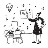 Principal with Clipboard and Bell in Fantasy School Office concept as Long shot of a principal holding a clipboard and a bell in a fantasy school office The background features gl Cleans vector