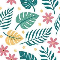 Playful summer leaves seamless pattern with colorful tropical leaves and flowers for vibrant spaces concept as Colorful tropical leaves and flowers arranged seamlessly for a playfu Cleans vector