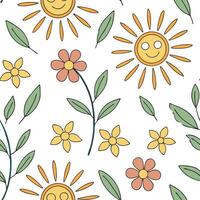 Playful spring sunshine seamless pattern with bright rays and whimsical clouds for fun energetic designs concept as Fun spring sunshine pattern with bright rays and whimsical cloud Cleans Set 3 vector