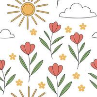 Playful spring sunshine seamless pattern with bright rays and whimsical clouds for fun energetic designs concept as Fun spring sunshine pattern with bright rays and whimsical cloud Cleans Set 2 vector