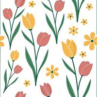 Playful spring garden seamless pattern with tulips and buttercups for vibrant home gardens concept as Playful tulips and buttercups arranged in a seamless pattern to brighten up vi Cleans vector