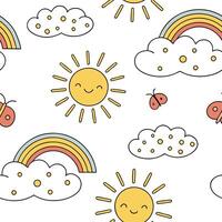 Playful spring sunshine seamless pattern with bright rays and whimsical clouds for fun energetic designs concept as Fun spring sunshine pattern with bright rays and whimsical cloud Cleans vector