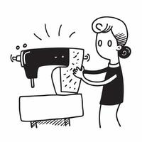 Person with Sewing Machine and Fabric for Tailoring Service concept as A person using a sewing machine with fabric set against a Cleans background offering space for text or graphic Cleans vector