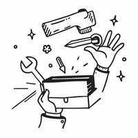 Person with Magic Toolbox and Floating Wrenches concept as A person holding a magic toolbox with floating wrenches set against a blank background providing space for text or graphi Cleans vector