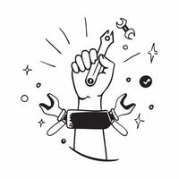 Person with Magic Tools and Floating Wrenches concept as A person holding magic tools with floating wrenches set against a blank background offering space for text or graphics symb Cleans vector