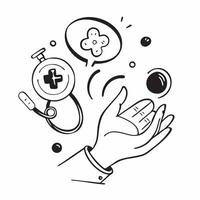 Person with Magic Stethoscope and Floating Medical Symbols concept as A person holding a magic stethoscope with floating medical symbols set against a Cleans background providing sp Cleans vector